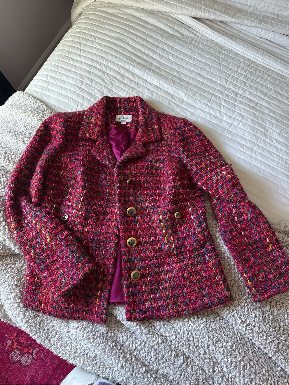 Vintage Pink Tweed Button Jacket- boutique designer - designer inspired